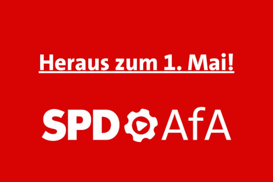 Heraus zum 1. Mai auf rotem Untergrund.